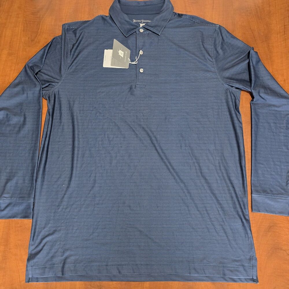 NEW Hickey Freeman Mens Long Sleeve UPF Moisture Wicking Striped Golf Polo L